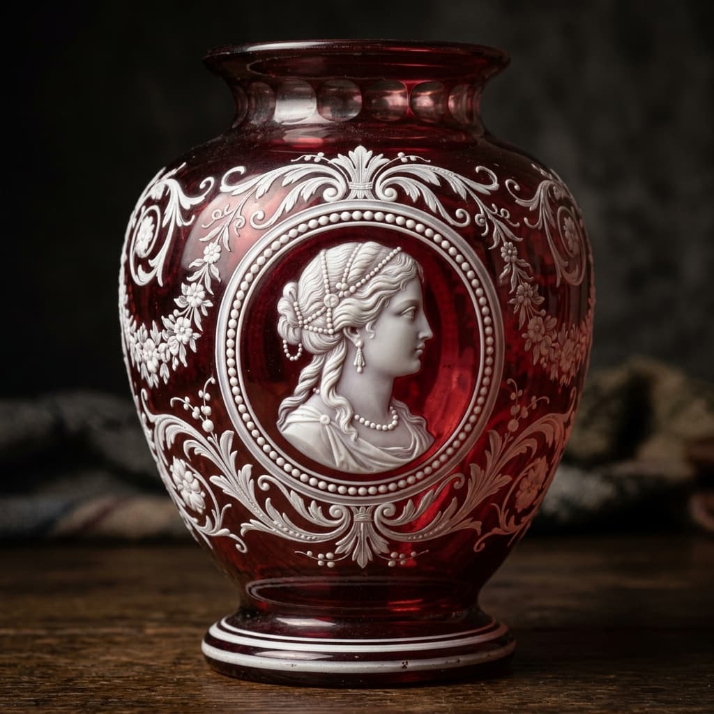 Détail de camée sur cristal teinté rouge