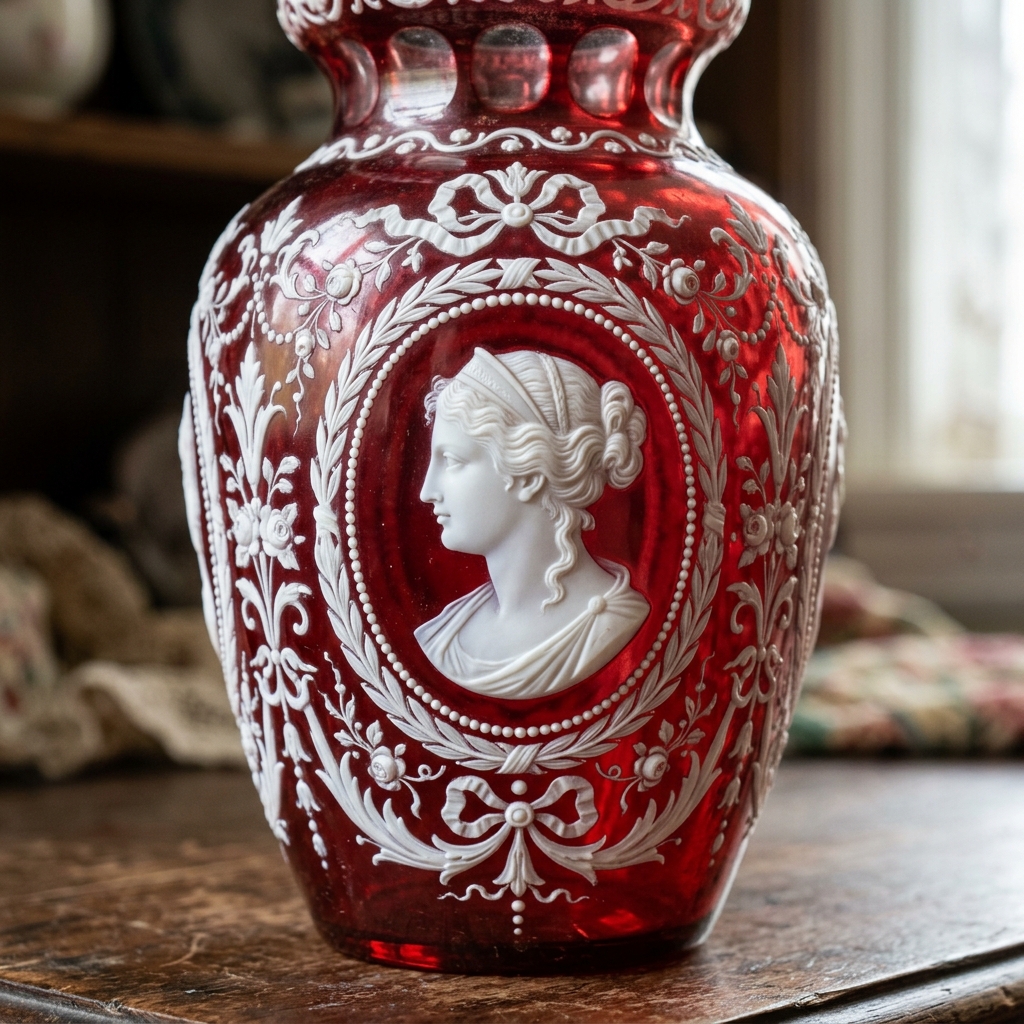 Cristal teinté rouge à camée blanc, profil antique gravé