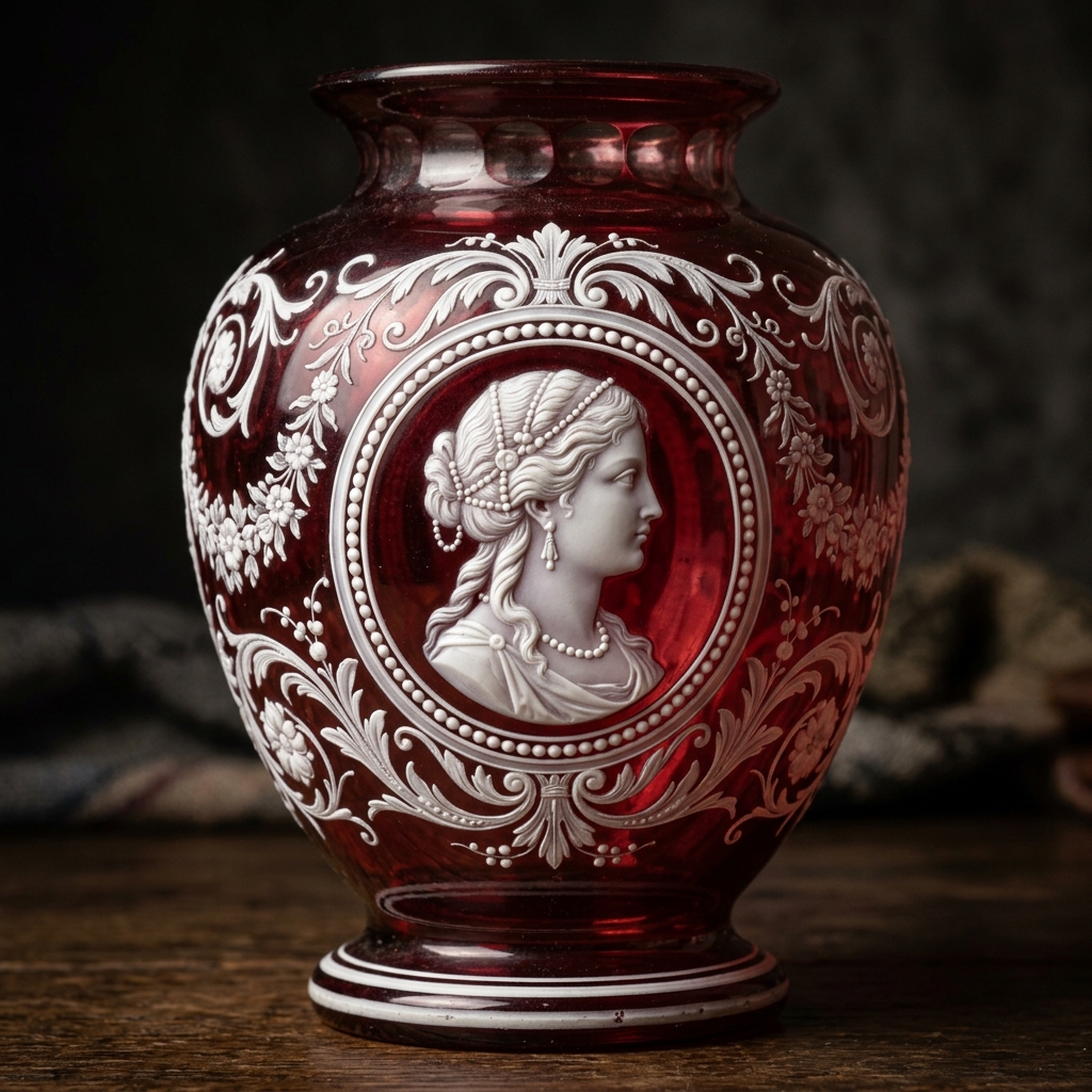 Détail de camée sur cristal teinté rouge